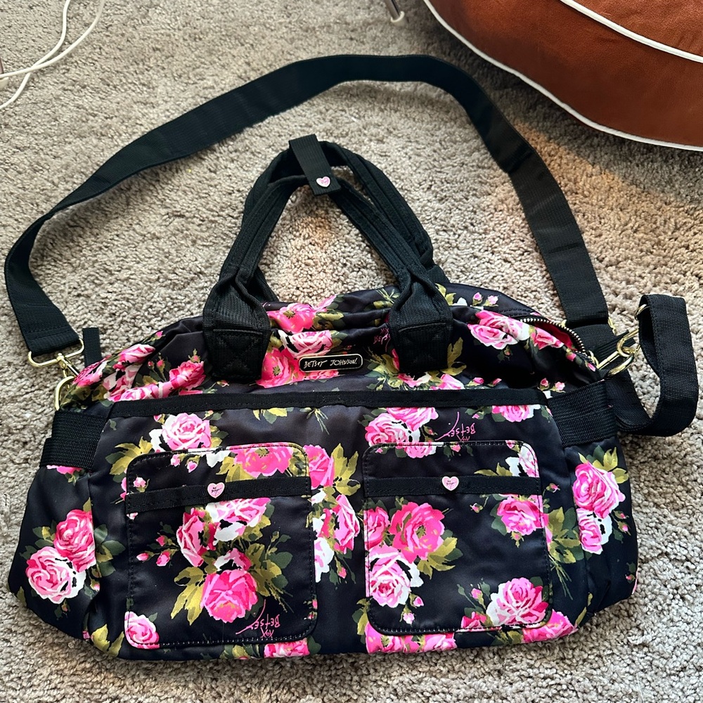 Betsey Johnson Black and Pink Floral Travel Bag